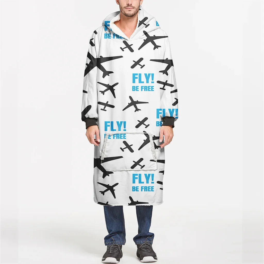 Fly Be Free White aviation design on soft fleece blanket hoodie.