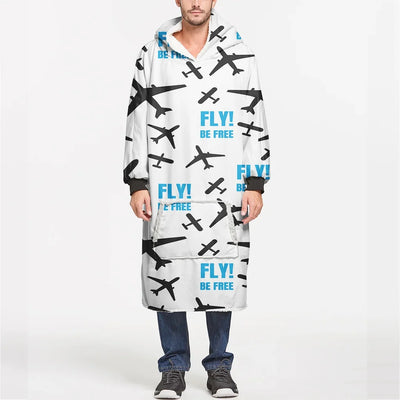Fly Be Free White aviation design on soft fleece blanket hoodie.