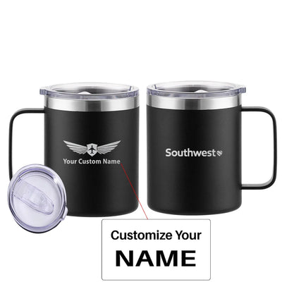 Southwest Airlines aviation design on laser-engraved mug, permanent laser engraving on stainless.