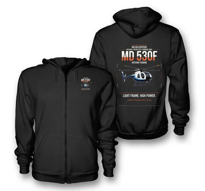 MD Helicopters MD 530F design on black premium zipped hoodie, double-side print
