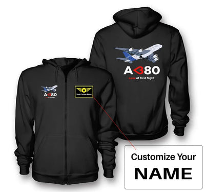 Airbus A380 Love at first flight aviation design on soft cotton blend zipped hoodie.