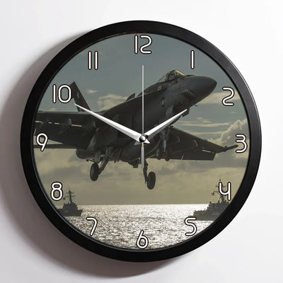 Deparing Jet from Sea Base aviation design on premium wood and metal wall clock.