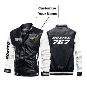 Boeing 767 & Text Stylish Leather Bomber Jackets