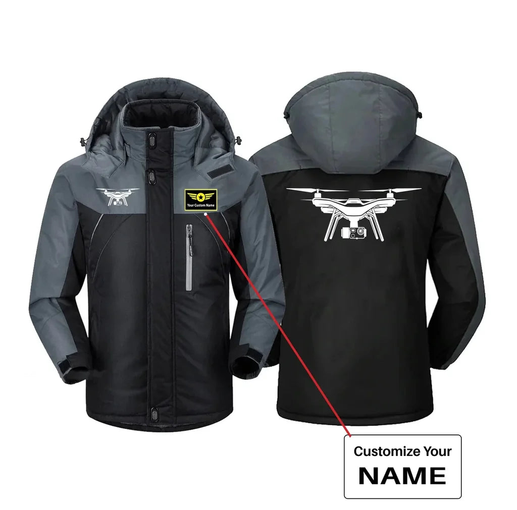 Drone Silhouette aviation design printed on heavyweight insulated shell thick winter jacket.
