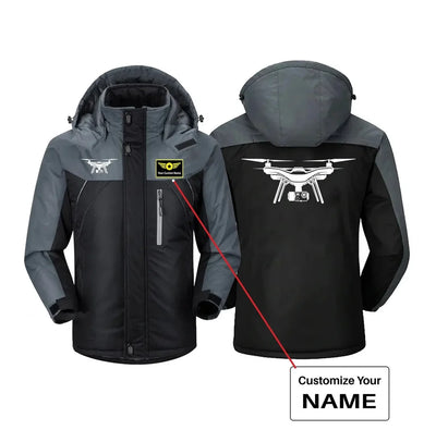 Drone Silhouette aviation design printed on heavyweight insulated shell thick winter jacket.