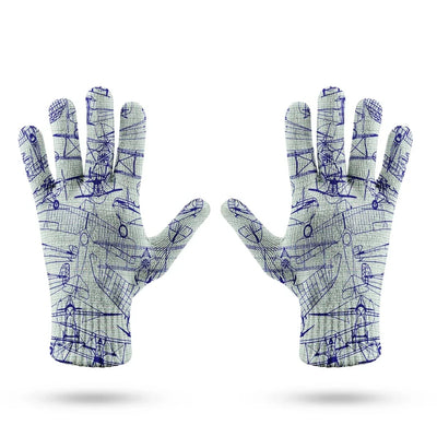 Amazing Drawings of Old Aircrafts aviation design on soft knit fabric gloves.