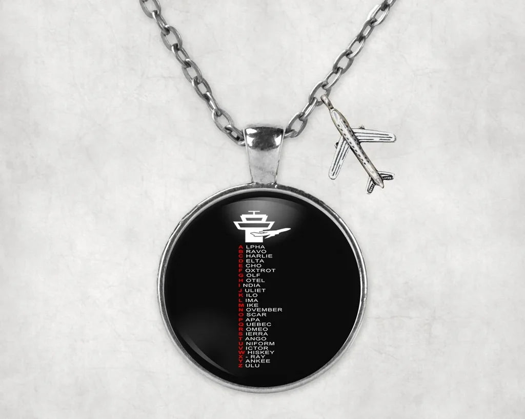 Aviation Alphabet aviation necklace, stainless steel body with engraved detail.