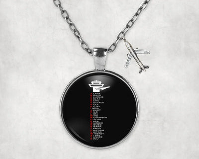 Aviation Alphabet aviation necklace, stainless steel body with engraved detail.