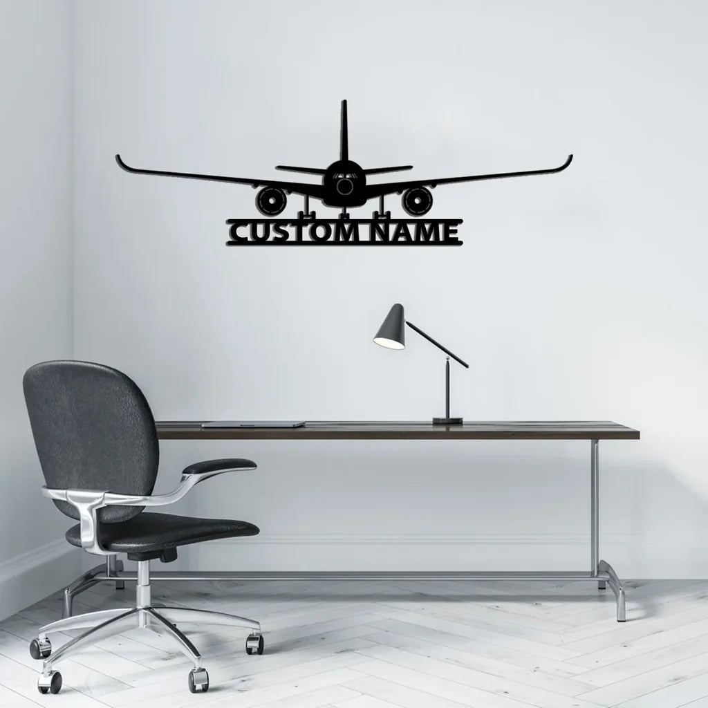 Airbus A350 Silhouette aviation design on durable metal with painted finish metal wall sign.