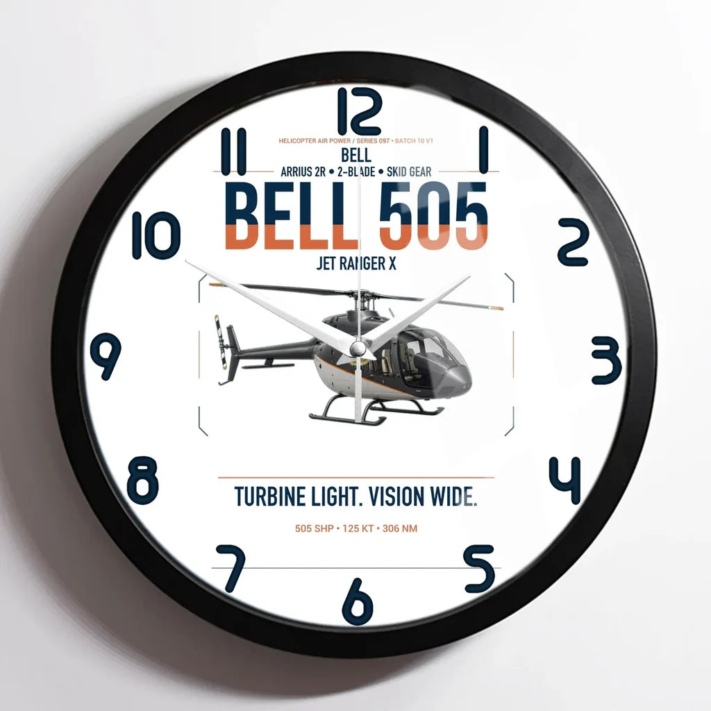 Bell 505 Jet Ranger X design on white framed wall clock