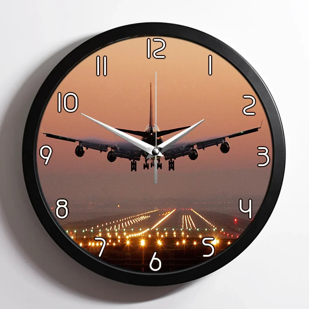 Landing Boeing 747 During Sunset aviation design on premium wood and metal wall clock.