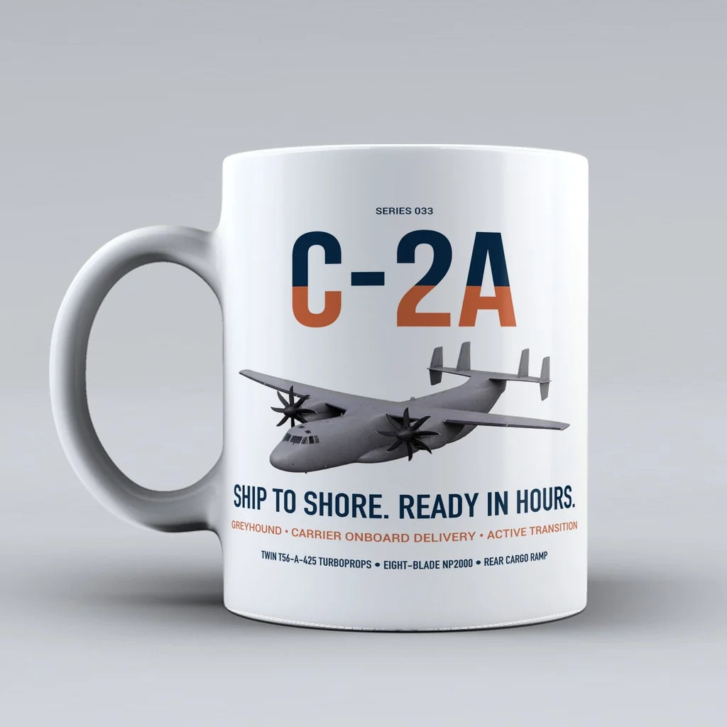 C-2A Greyhound design on white ceramic mug, double-side print