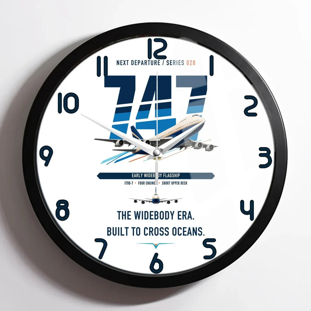 Boeing 747-200B design on white framed wall clock