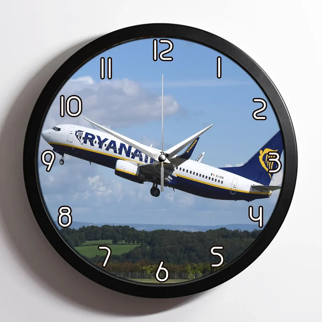 Departing Ryanair's Boeing 737 aviation design on premium wood and metal wall clock.