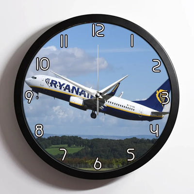 Departing Ryanair's Boeing 737 aviation design on premium wood and metal wall clock.