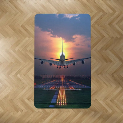 Super Airbus A380 Landing During Sunset aviation print rectangle carpet floor mat, durable carpet pile with non-slip backing.