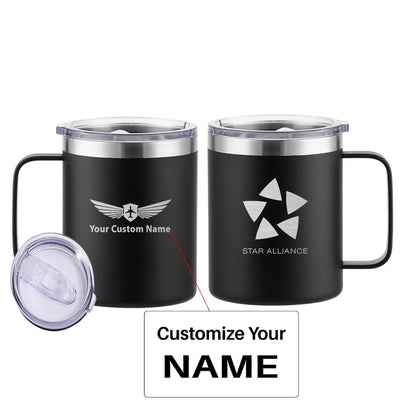 Star Alliance Airlines aviation design on laser-engraved mug, permanent laser engraving on stainless.