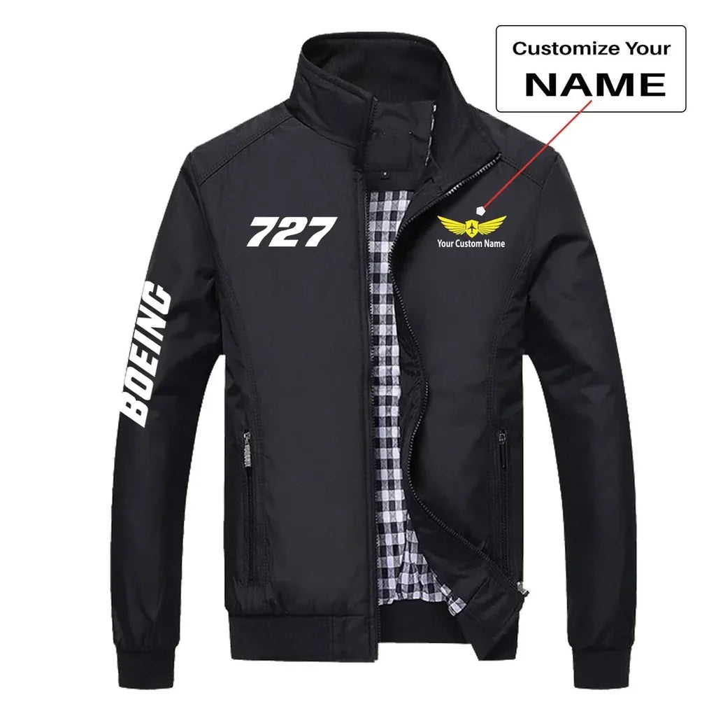 Boeing 727 Flat Text aviation design printed on modern shell with tailored fit stylish jacket.