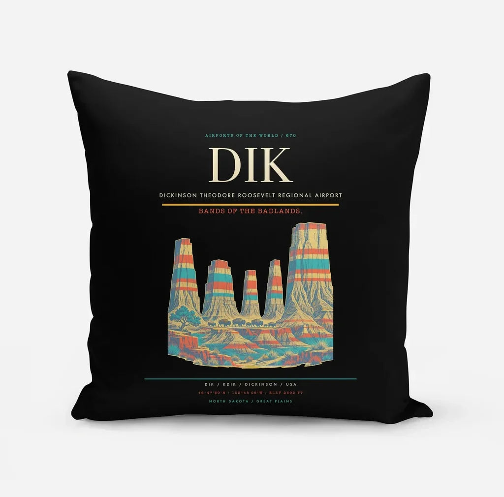 Dickinson Theodore Roosevelt Regional Airport (DIK) design on black pillow
