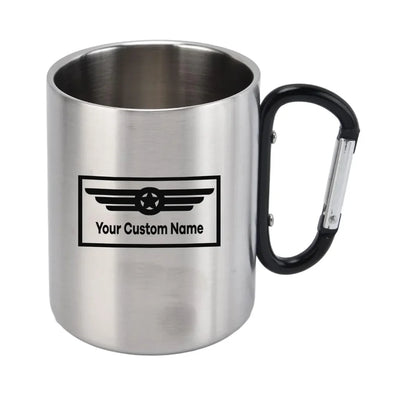 Custom Name (Badge 1) aviation design on outdoor mug, durable insulated construction.