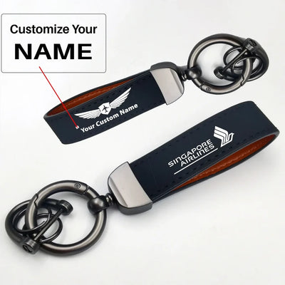 Side view of Singapore Airlines aviation horseshoe-buckle key chain in polished metal alloy, polished finish.