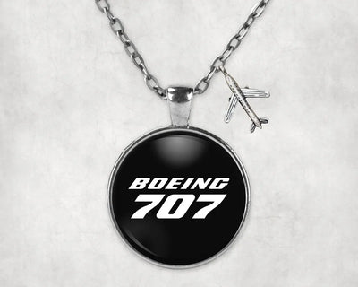 Boeing 707 & Text aviation-themed necklace, polished stainless steel.