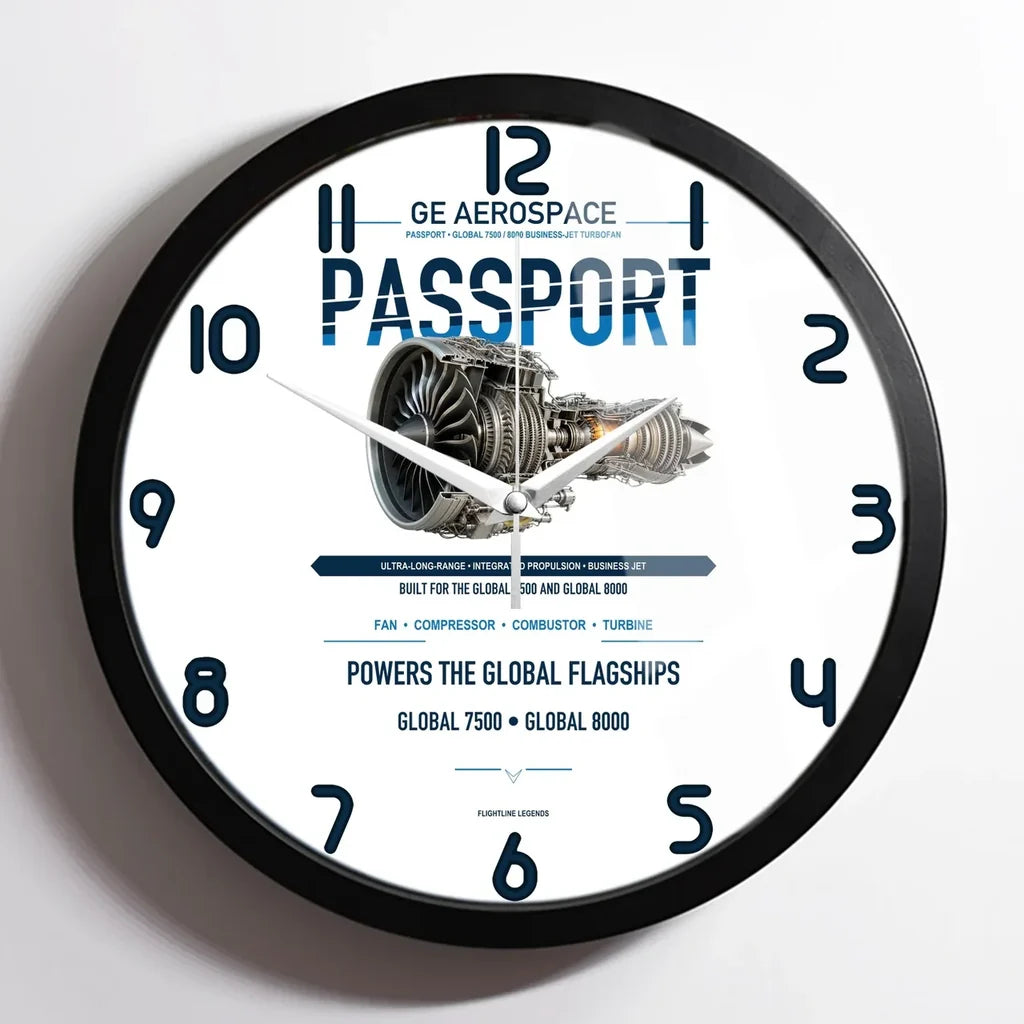 PASSPORT design on white framed wall clock
