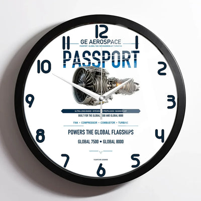 PASSPORT design on white framed wall clock