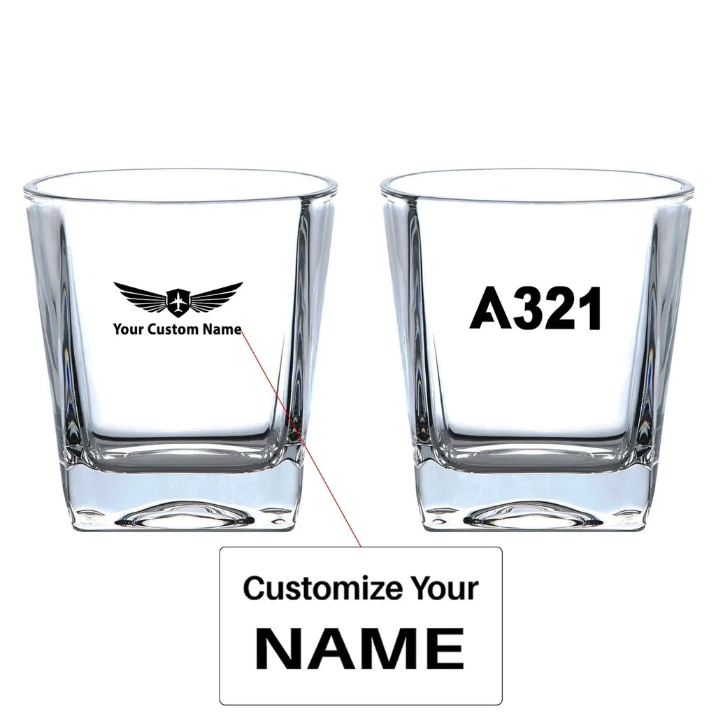 Airbus A321 Flat Text aviation design on whiskey glass, crystal-clear premium glassware.