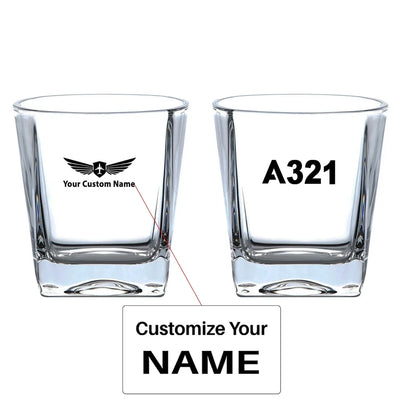 Airbus A321 Flat Text aviation design on whiskey glass, crystal-clear premium glassware.