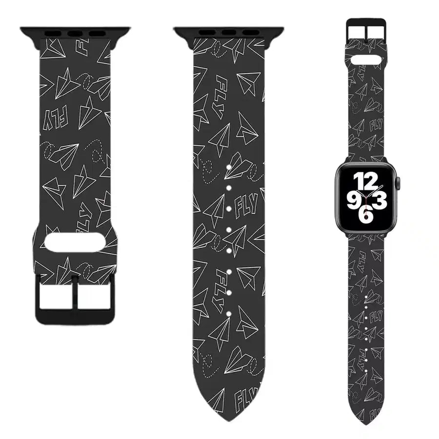 Paper Airplane & Fly (Gray) aviation-themed Apple Watch band, polished soft silicone.