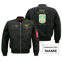 Thumbnail for Robert Gabriel Mugabe International Airport (HRE) design on black bomber jacket with custom name patch