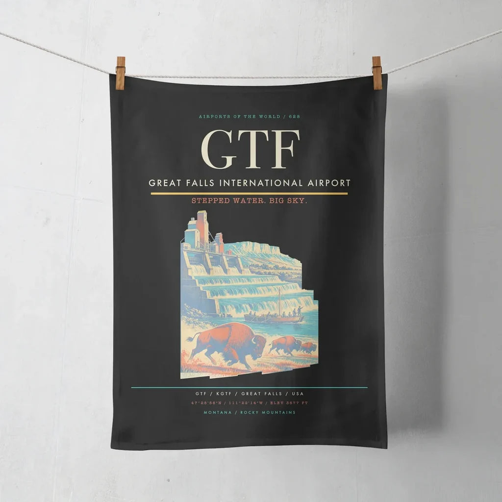 Great Falls International Airport (GTF) design on black towel