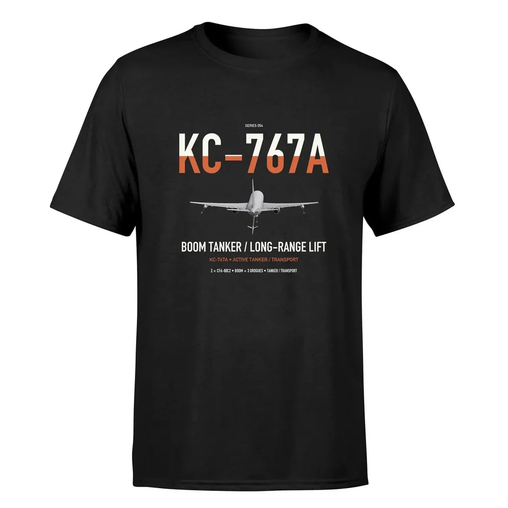 Boeing KC-767A design on black double-side t-shirt, single-side print
