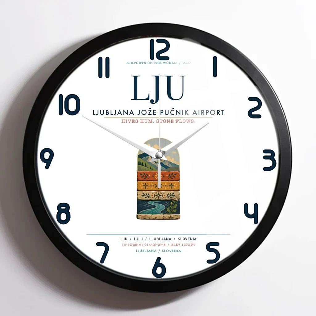 Ljubljana Jože Pučnik Airport (LJU) design on white framed wall clock