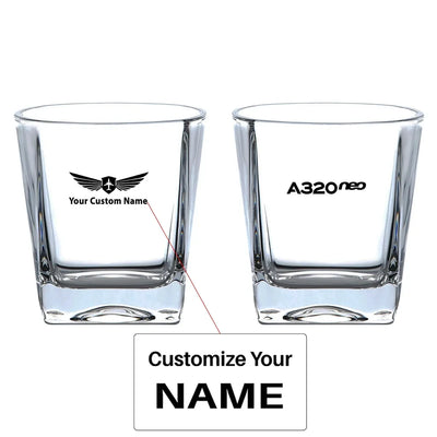 A320neo & Text aviation design on whiskey glass, crystal-clear premium glassware.
