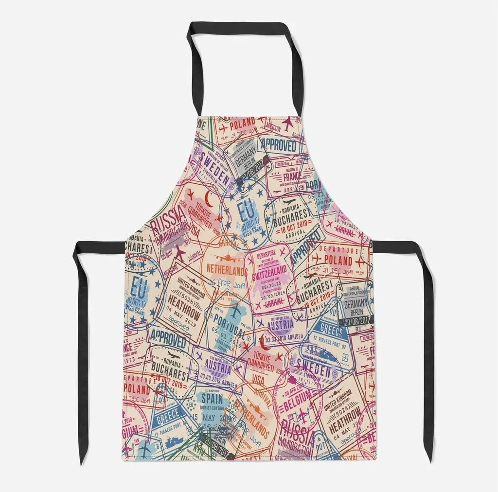 Passport Stamps aviation design on durable cotton blend kitchen apron.