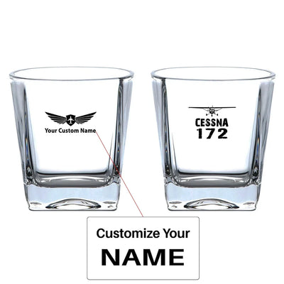 Cessna 172 & Plane aviation design on whiskey glass, crystal-clear premium glassware.
