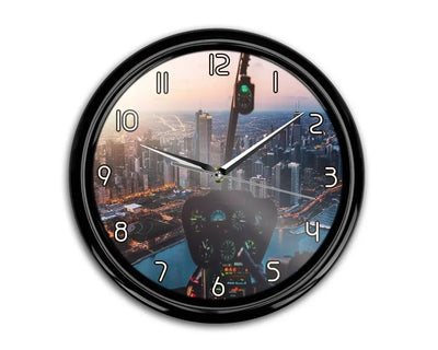 Amazing City View from Helicopter Cockpit aviation themed wall clock, premium wood and metal.
