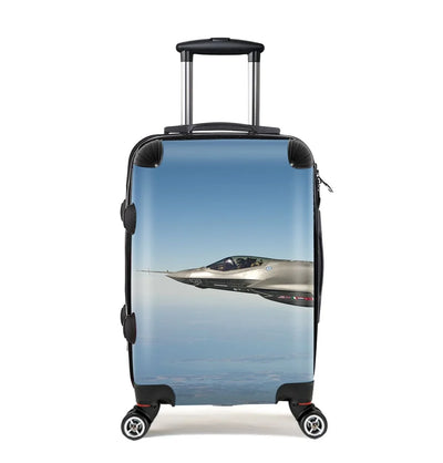 Cruising Fighter Jet 35 Cabin Size aviation print luggage, durable shell.