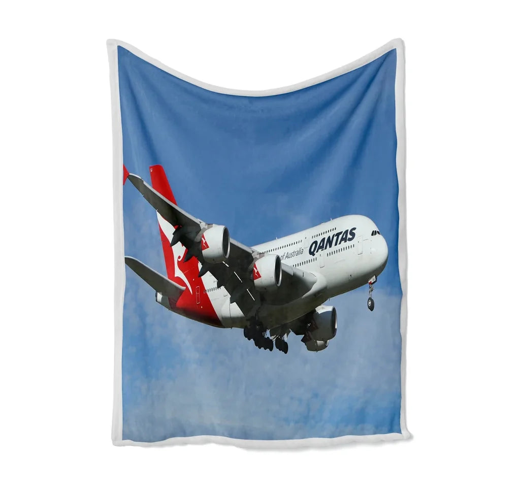 Landing Qantas Airlines A380 Bed Blankets & aviation print on soft fleece blanket.