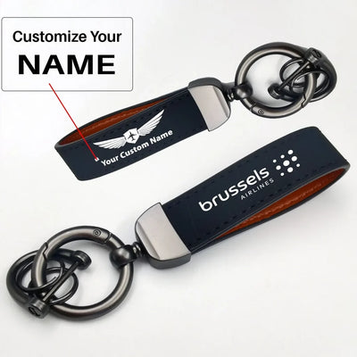 Side view of Brussels Airlines aviation horseshoe-buckle key chain in polished metal alloy, polished finish.
