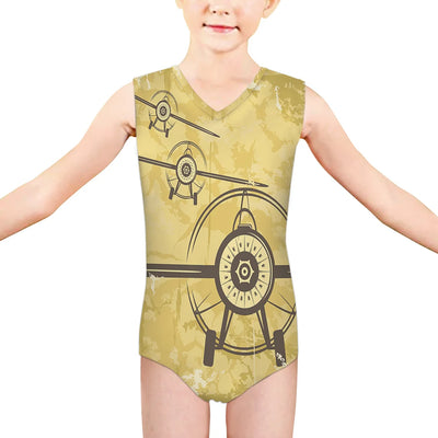 Super Vintage Propeller aviation print on kids quick-dry fabric swimsuit.