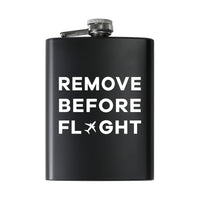 Thumbnail for Remove Before Flight aviation design on stainless hip flask, compact pocket-size flask.