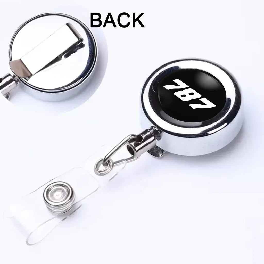 Boeing 787 Flat Text aviation design on durable plastic with metal clip retractable ID card badge.