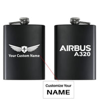 Thumbnail for Airbus A320 & Text aviation design on stainless hip flask, compact pocket-size flask.
