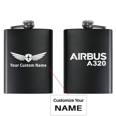 Airbus A320 & Text aviation design on stainless hip flask, compact pocket-size flask.