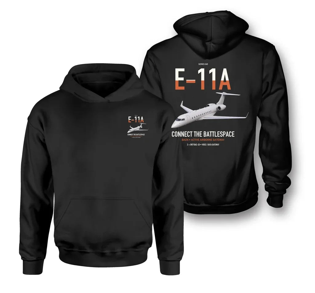 E-11A BACN design on black double-side hoodie, double-side print
