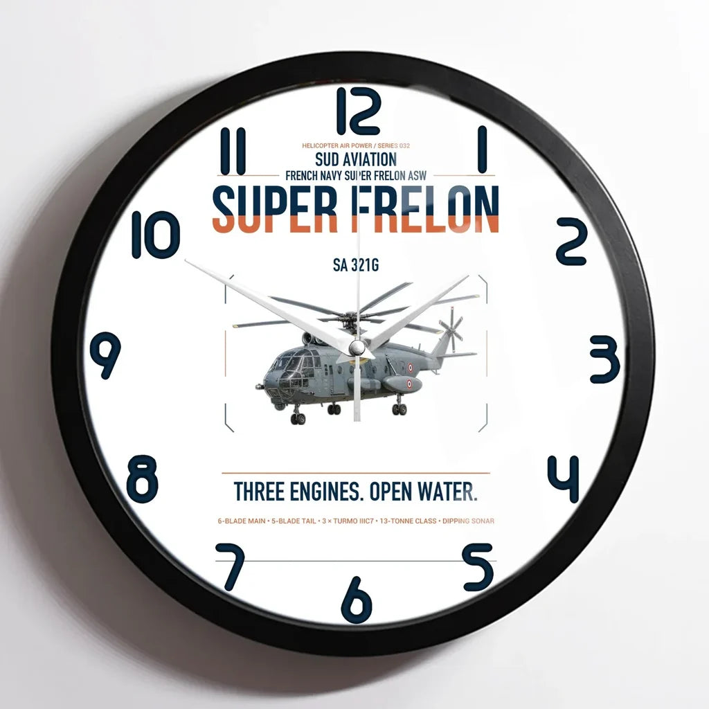 Sud Aviation SA 321G Super Frelon design on white framed wall clock