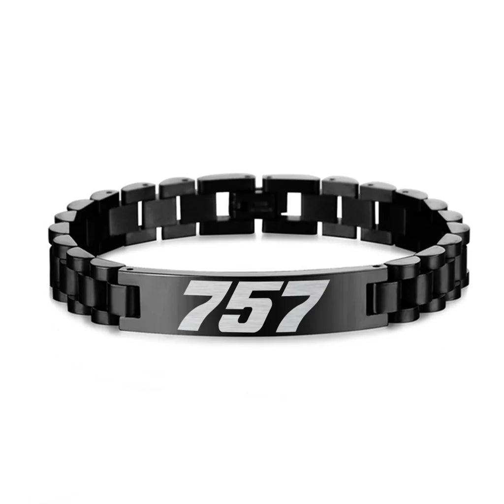 Side view of Boeing 757 Flat Text aviation chain bracelet in stainless steel, polished finish.